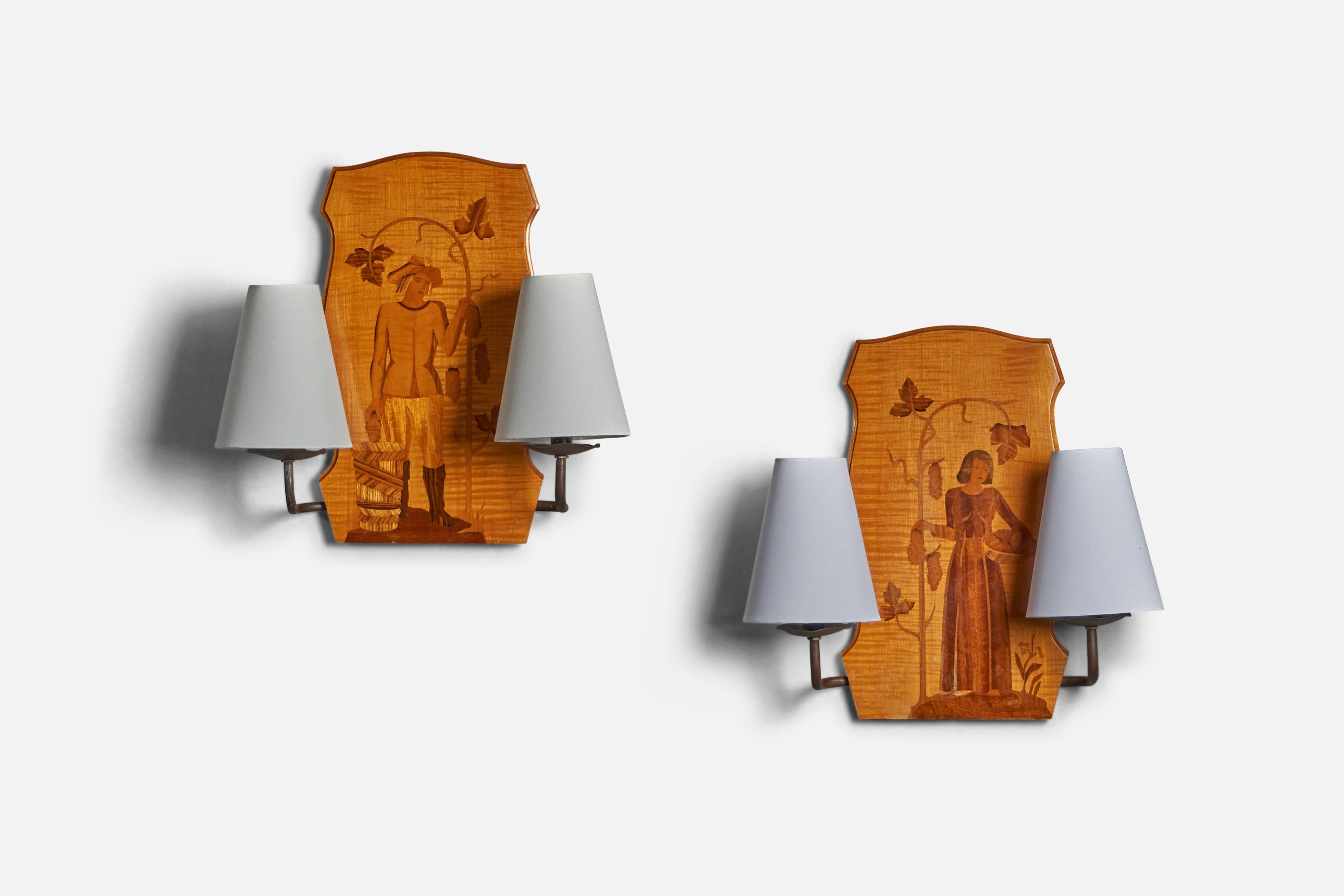 A pair of two-armed marquetry wood, brass and white fabric wall lights design and production attributed to Mjölby Intarsia, Sweden, 1930s.

Overall Dimensions (inches): 16.25” H x 16.5” W x 6.75” D
Back Plate Dimensions (inches): 16.25” H x 9.5”