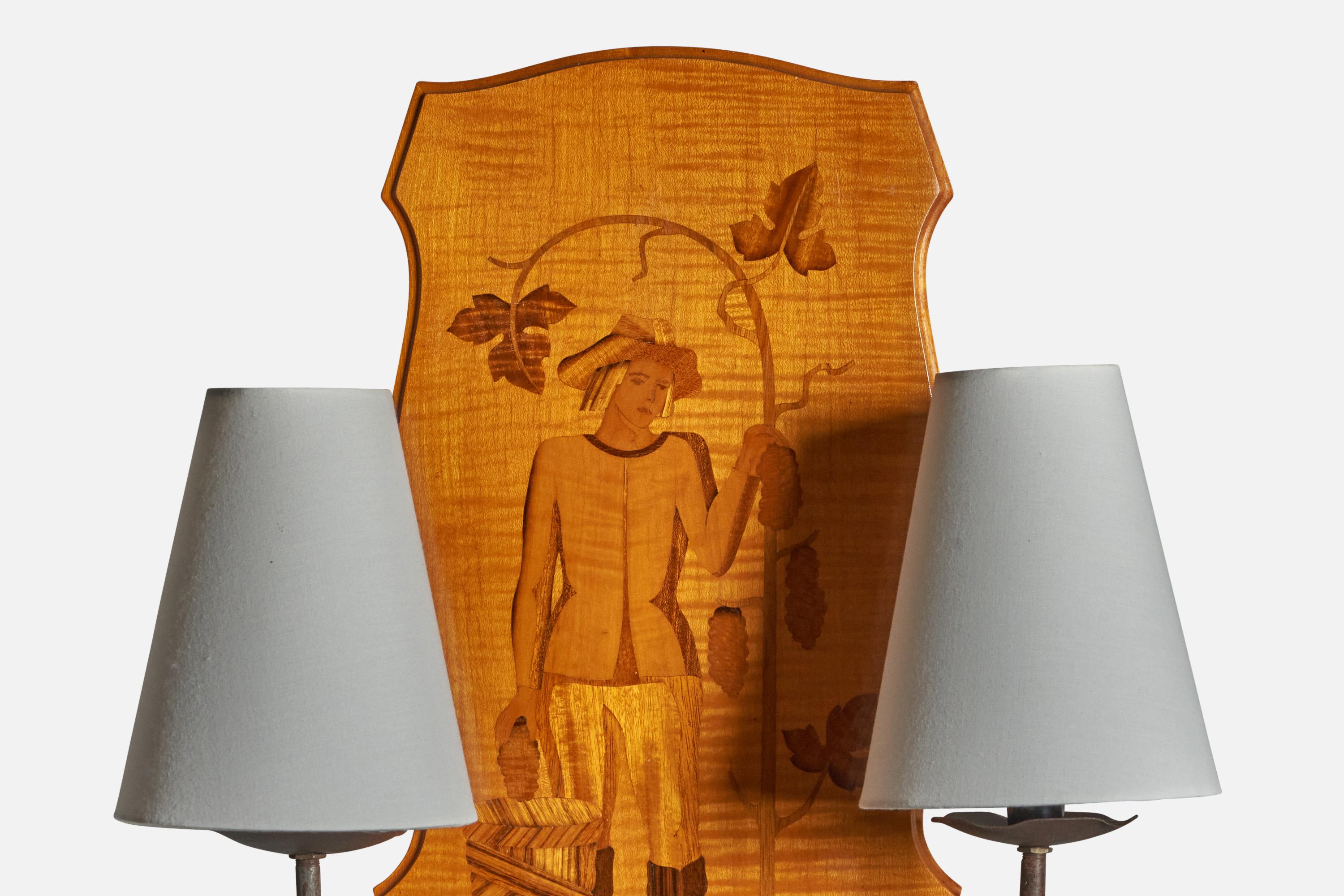 Art Deco Mjölby Intarsia, Wall Lights, Marquetry Wood, Fabric, Brass Sweden, 1930s For Sale