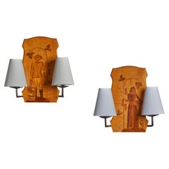 Mjölby Intarsia, Wall Lights, Marquetry Wood, Fabric, Brass Sweden, 1930s