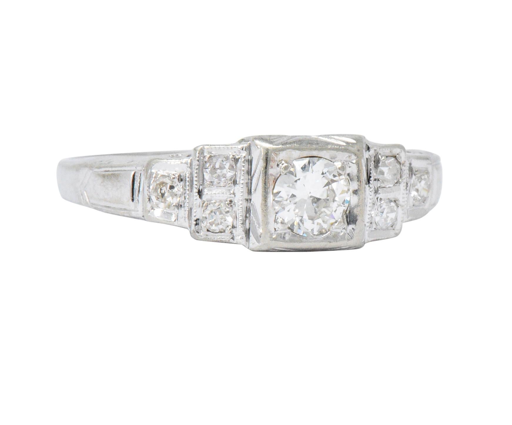 Round Cut MK Edwardian Diamond 18 Karat White Gold Antique Engagement Ring