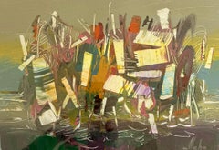 Construcción, Pintura Original Abstracta, Papel Acrílico, Enmarcado