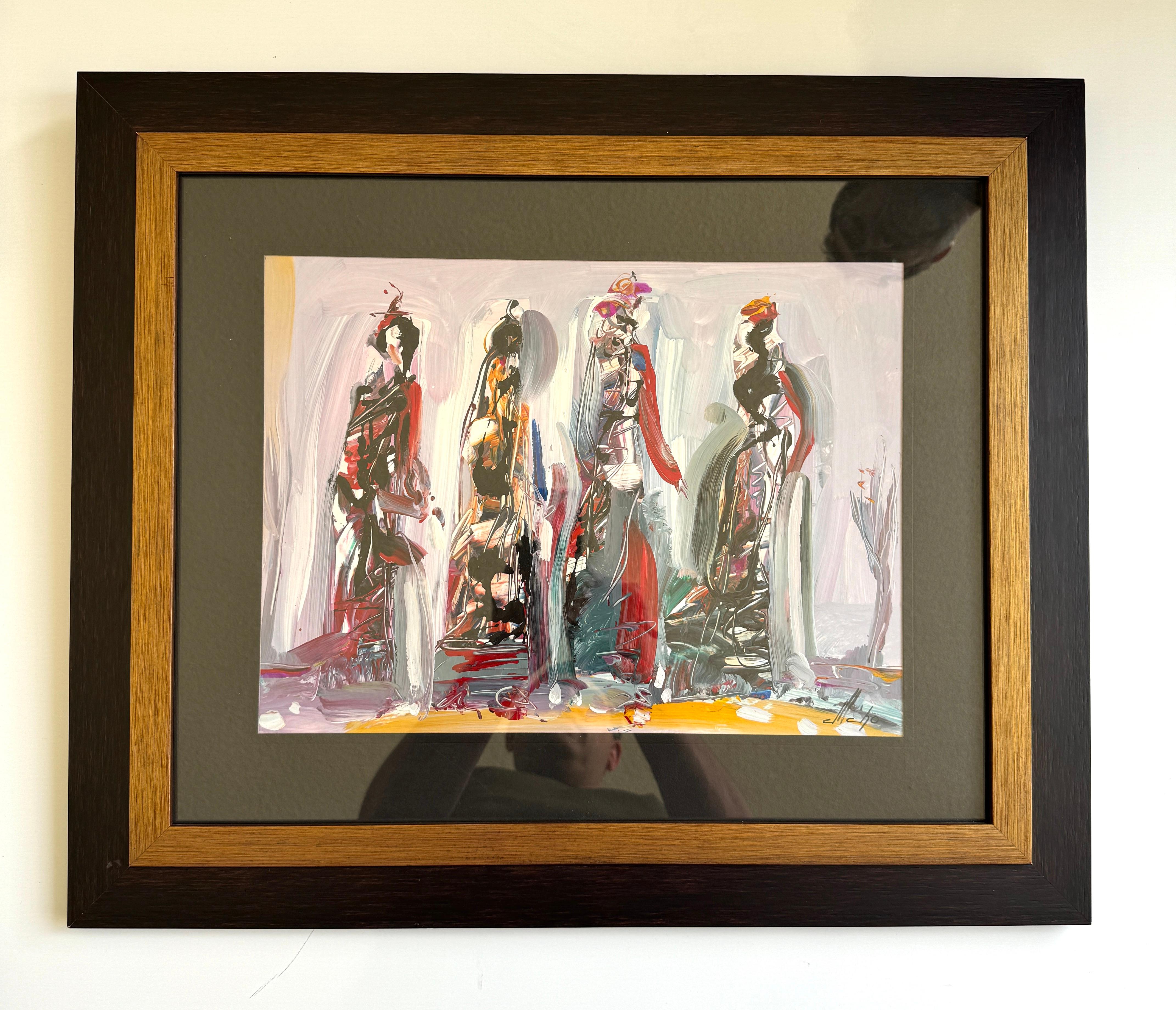 My Story, Abstract Original Painting, Acrylic Paper, Framed - Beige Abstract Painting by Mkrtich Sarkisyan (Mcho)