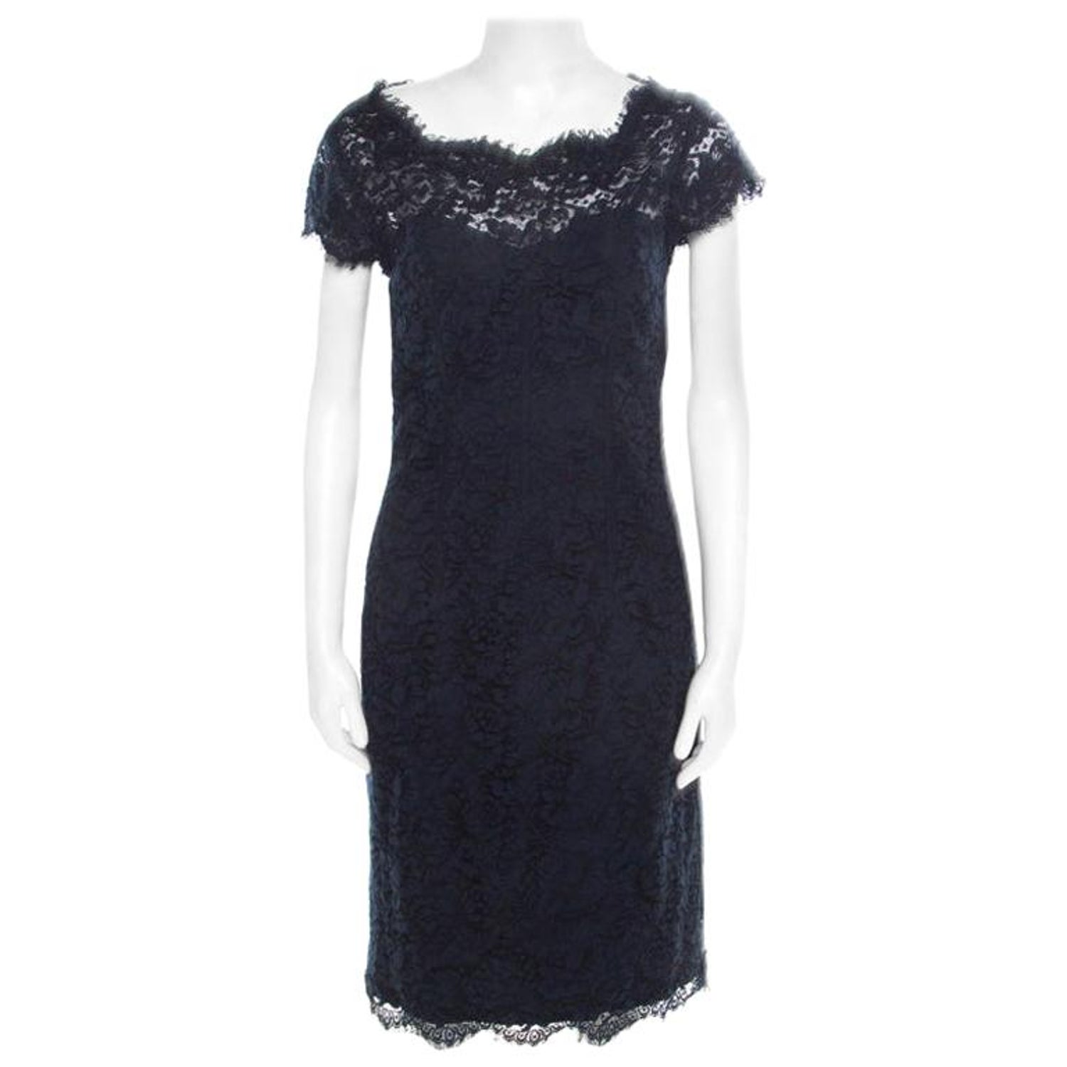 Ml By Monique Lhuillier Navy Blue Lace Diamond Back Cap Sleeve Sheath Dress M For Sale At 1stdibs