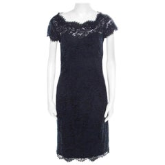 ML by Monique Lhuillier Navy Blue Lace Diamond Back Cap Sleeve Sheath ...