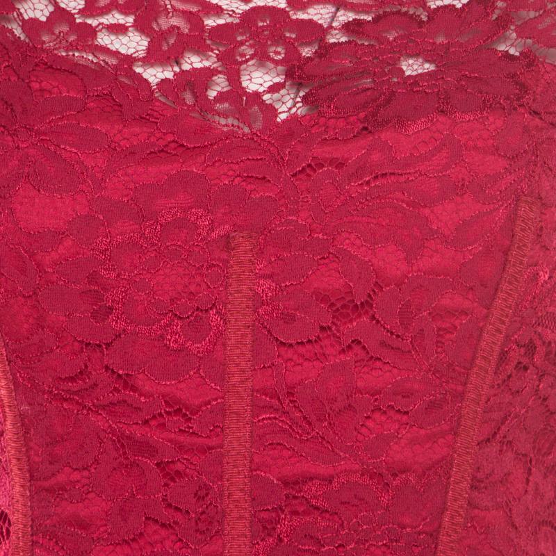 ML by Monique Lhuillier Pink Floral Lace Trim Cut Out Back Detail Dress M In Good Condition In Dubai, Al Qouz 2