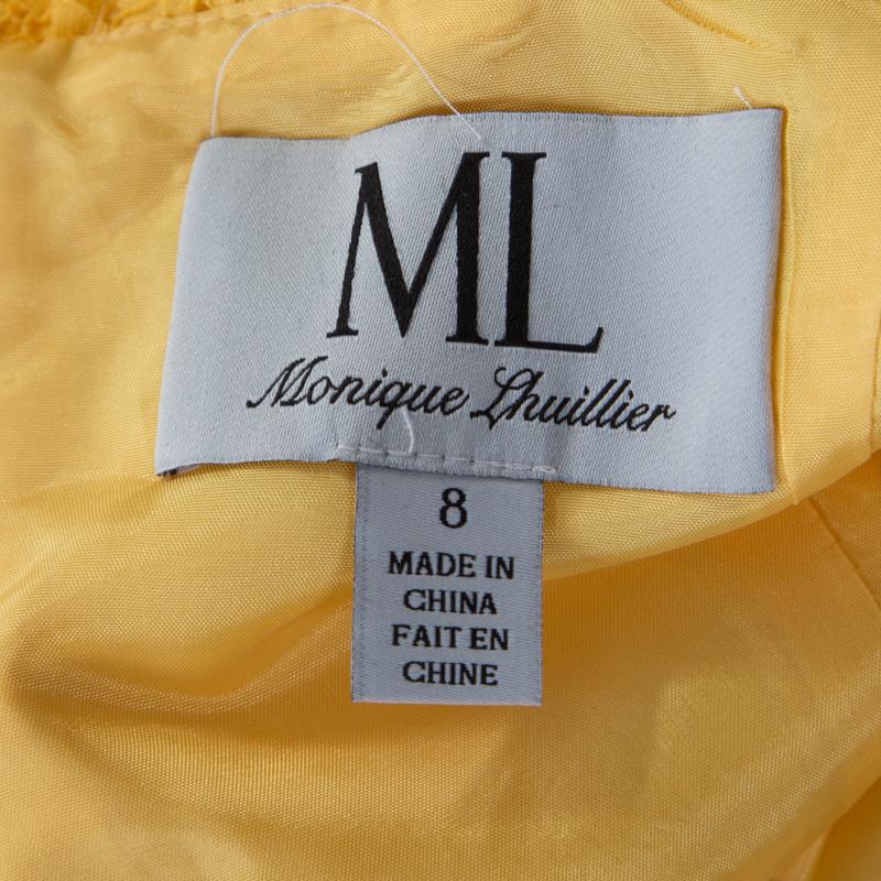 Women's ML By Monique Lhuillier Yellow Floral Lace Scalloped Trim Detail V-Neck Dress M