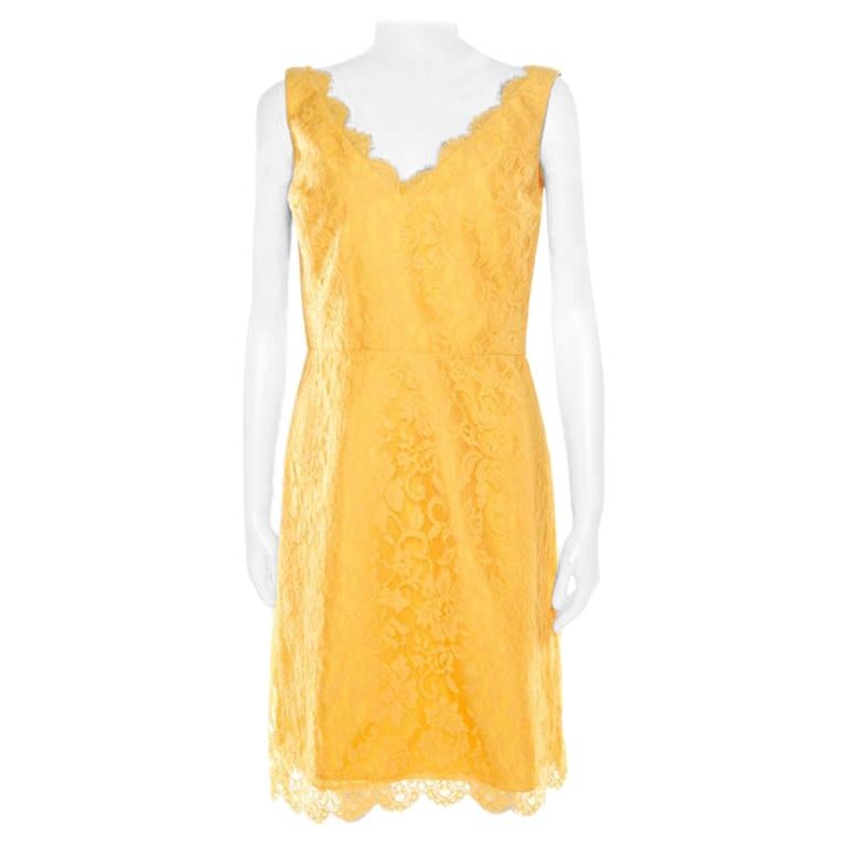 ML By Monique Lhuillier Yellow Floral Lace Scalloped Trim Detail V-Neck Dress M