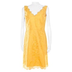 ML By Monique Lhuillier Yellow Floral Lace Scalloped Trim Detail V-Neck Dress M