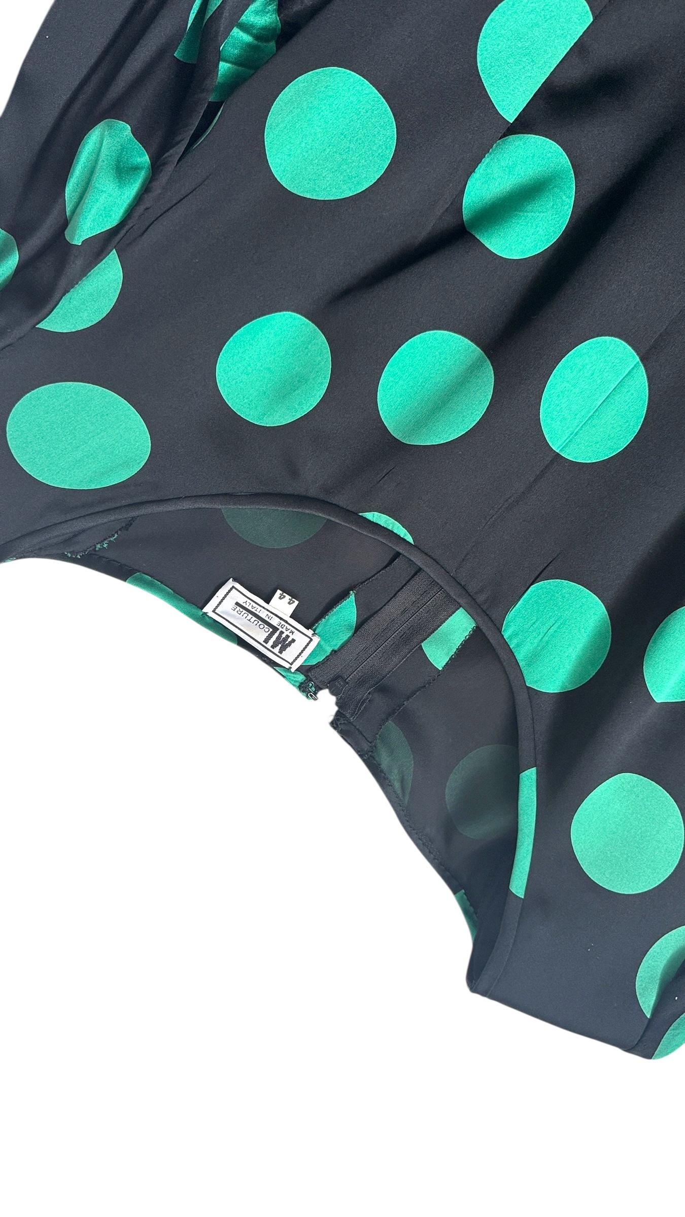 ML Couture Italian Silk Polka Dot Dress in Emerald Green and Black in vendita 6