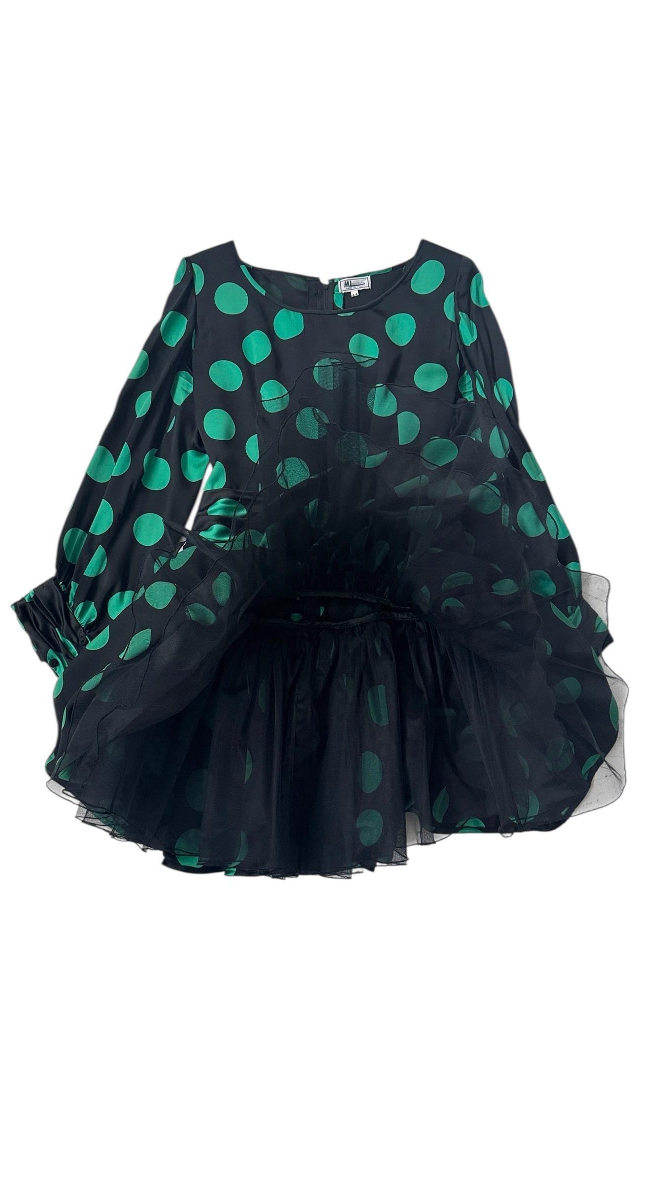 ML Couture Italian Silk Polka Dot Dress in Emerald Green and Black in vendita 8