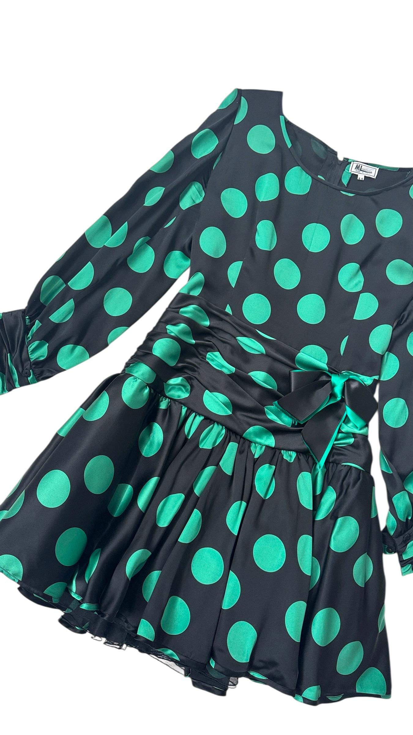ML Couture Italian Silk Polka Dot Dress in Emerald Green and Black in vendita 9