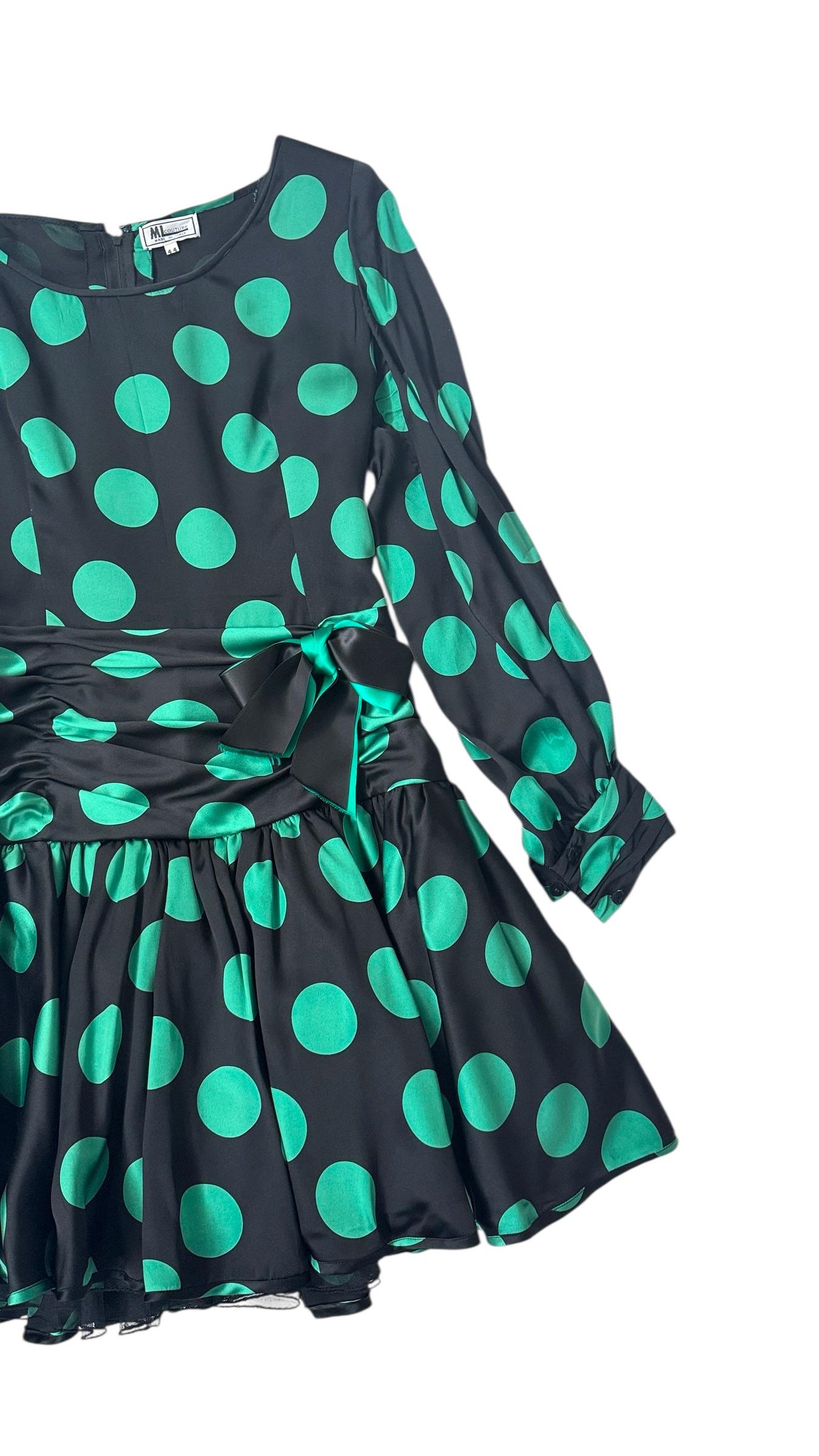 ML Couture Italian Silk Polka Dot Dress in Emerald Green and Black in vendita 10