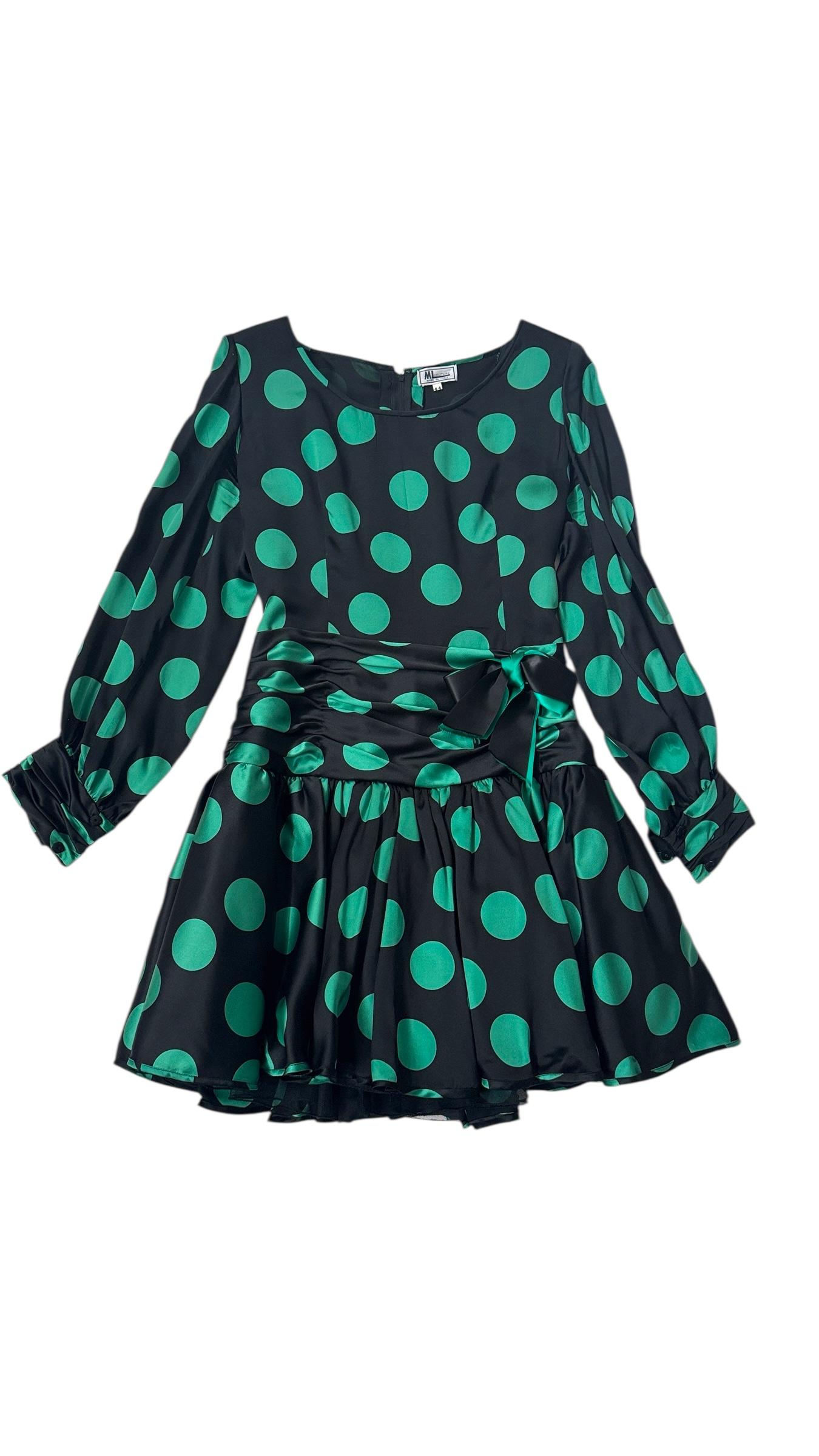 ML Couture Italian Silk Polka Dot Dress in Emerald Green and Black in vendita 11