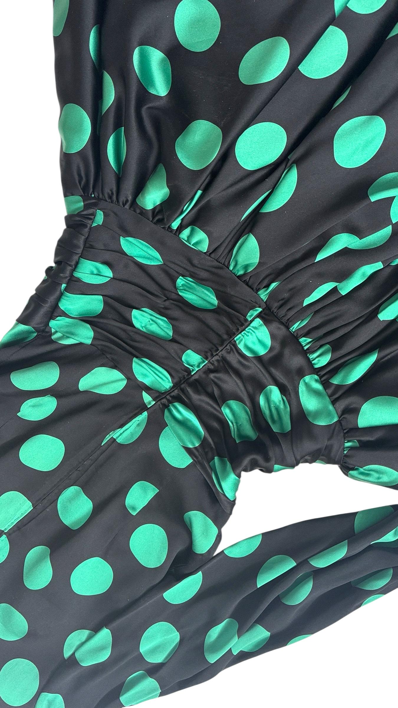 ML Couture Italian Silk Polka Dot Dress in Emerald Green and Black in vendita 4