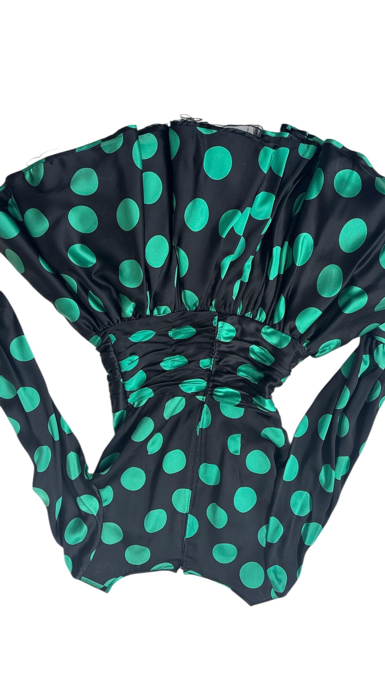 ML Couture Italian Silk Polka Dot Dress in Emerald Green and Black in vendita 5