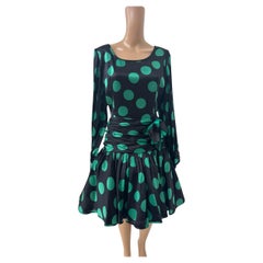 ML Couture Italian Silk Polka Dot Dress in Emerald Green and Black