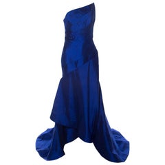 ML Monique Lhuillier Blue Beaded Detail Faille Trumpet Gown L