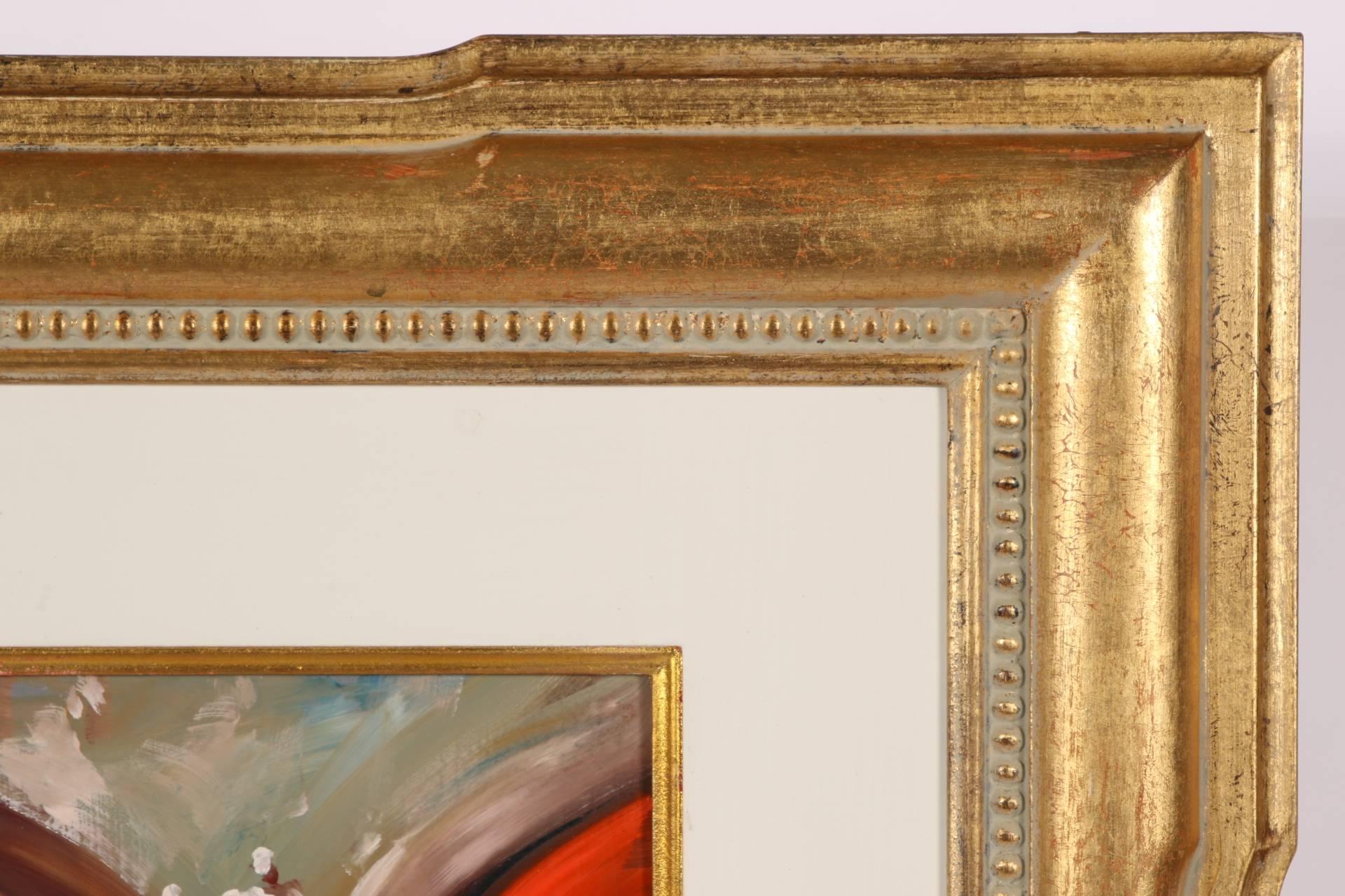 A dramatic and colorful Oil on Board in a custom Gilt wood frame. Figures on a monumental staircase. Signed lower right, labelled and dedicated on verso. In a fine gilt frame.
Panel measures 19.5