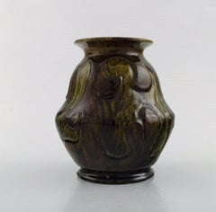 Møller & Bøgely, Denmark, Art Nouveau Vase in Dark Green Glazed Ceramics