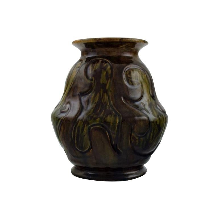 Møller & Bøgely, Denmark, Art Nouveau Vase in Dark Green Glazed Ceramics For Sale