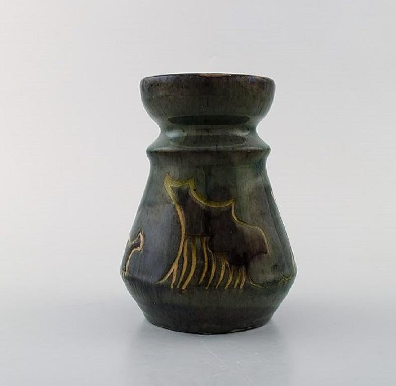 Møller & Bøgely, Denmark. Art Nouveau vase in glazed ceramics, circa 1920.
Measures: 14 x 11 cm.
In very good condition.
Stamped.
Large Danish private collection of Møller & Bøgely ceramics in stock.