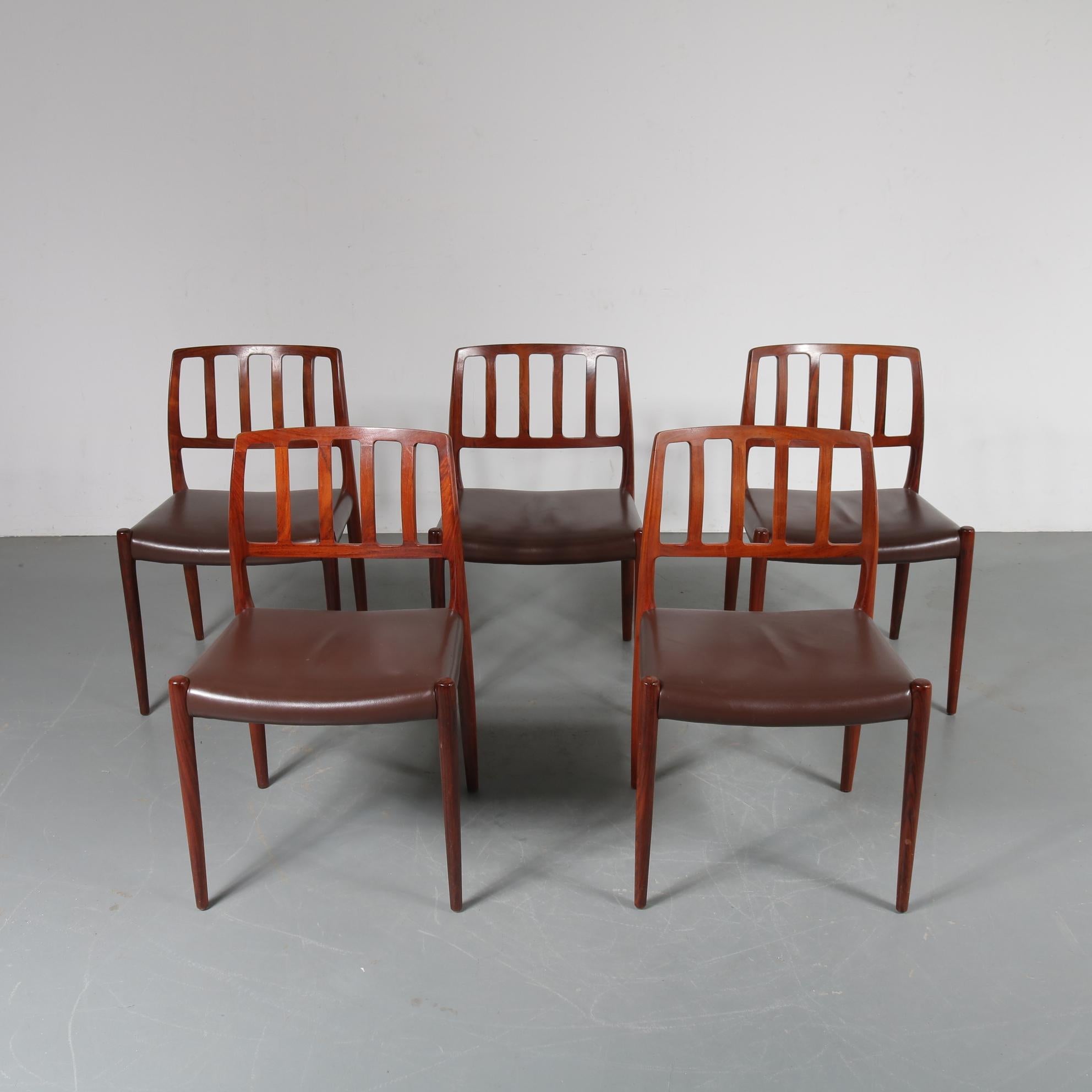 A beautiful set of five “model 83” dining chairs designed by Niels Otto Møller, manufactured by Møller in Denmark, circa 1960.

One of Moller’s most luxurious dining chairs, with an exceptionally elegant and smooth design. These chairs are made of