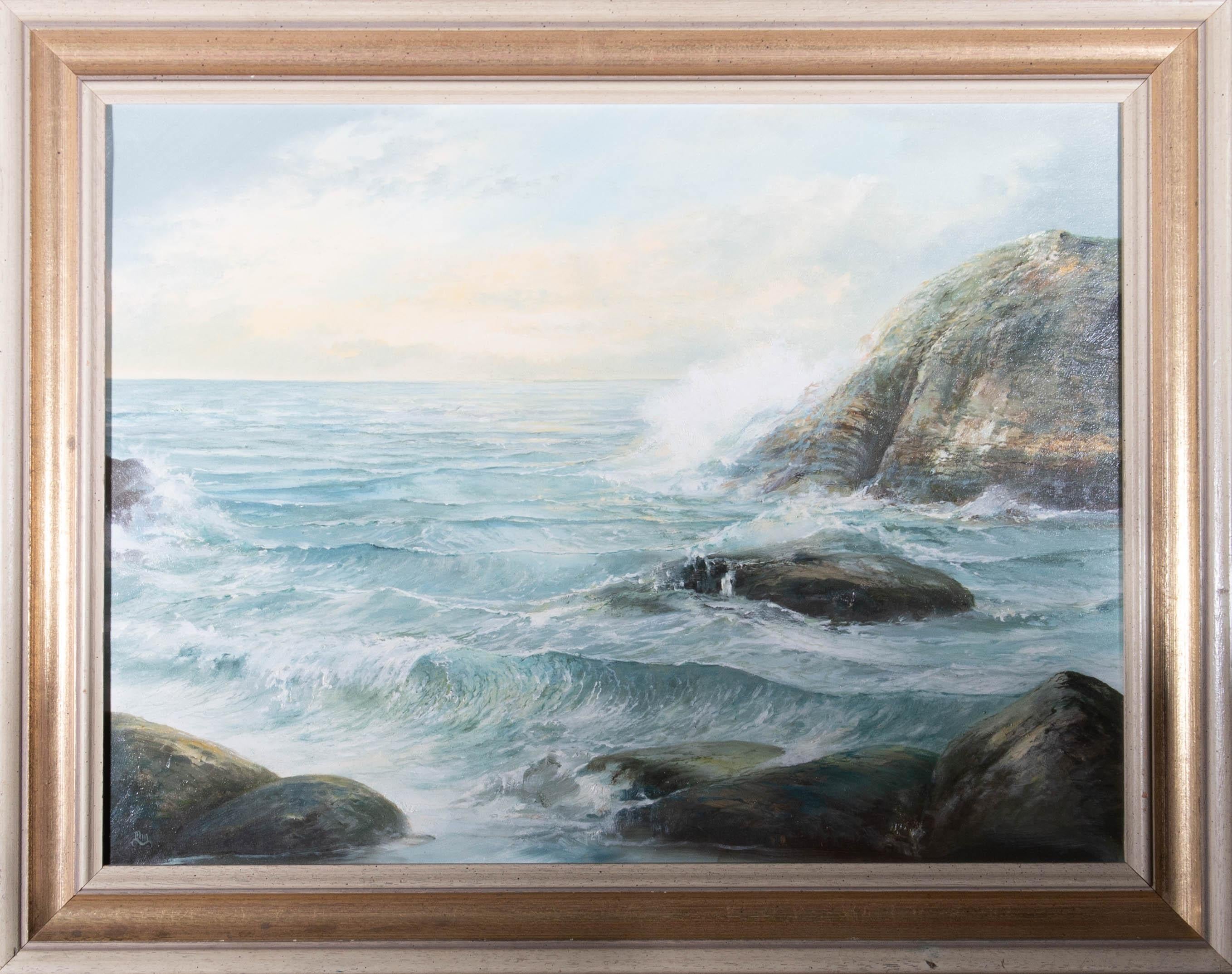 A captivating oil painting, depicting a seascape with waves
breaking on a rocky outcrop. Monogrammed to the lower left-hand corner. Well-presented in a distressed, off-white and gilt frame, as shown. On canvas on stretchers.
