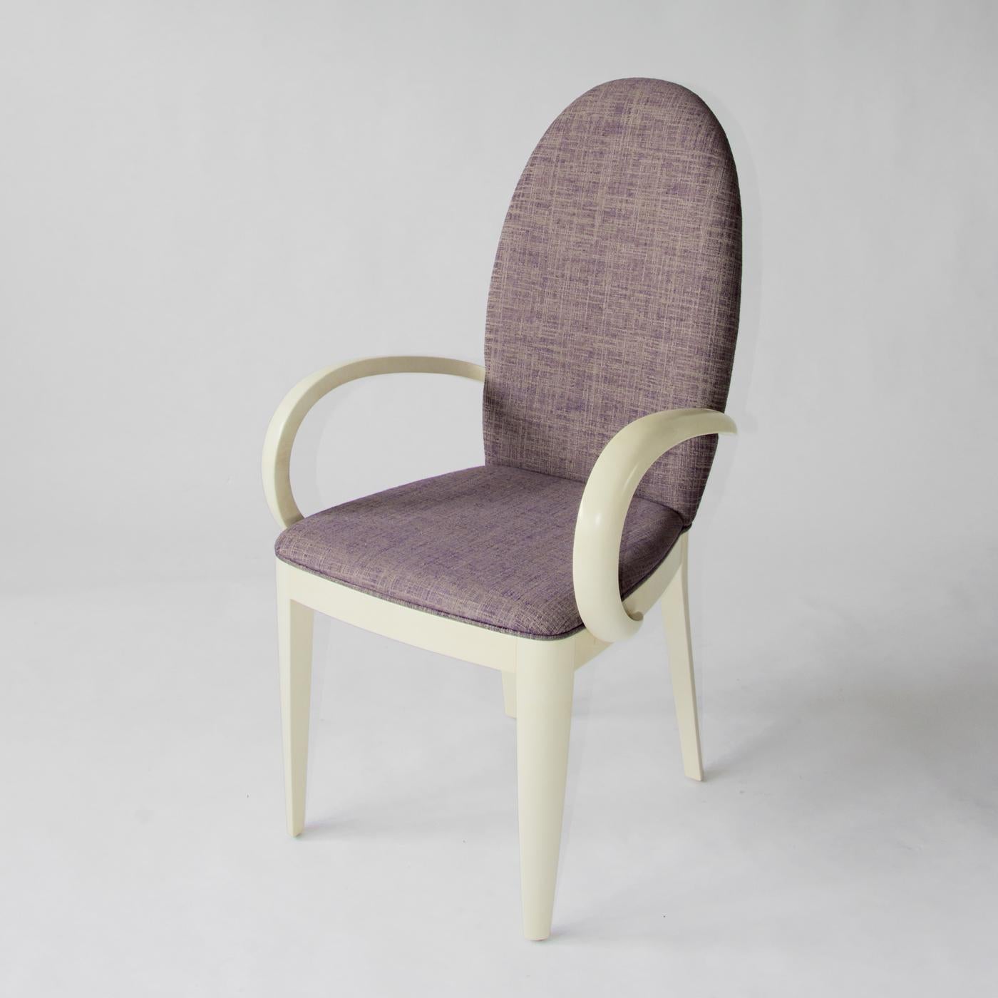 Characterized by a soft, curved design, the M&M chair with armrests has a structure made from wood with an ivory lacquered finish. The comfortable chair has been upholstered in a purple melange fabric and combined with the light tone of the wood