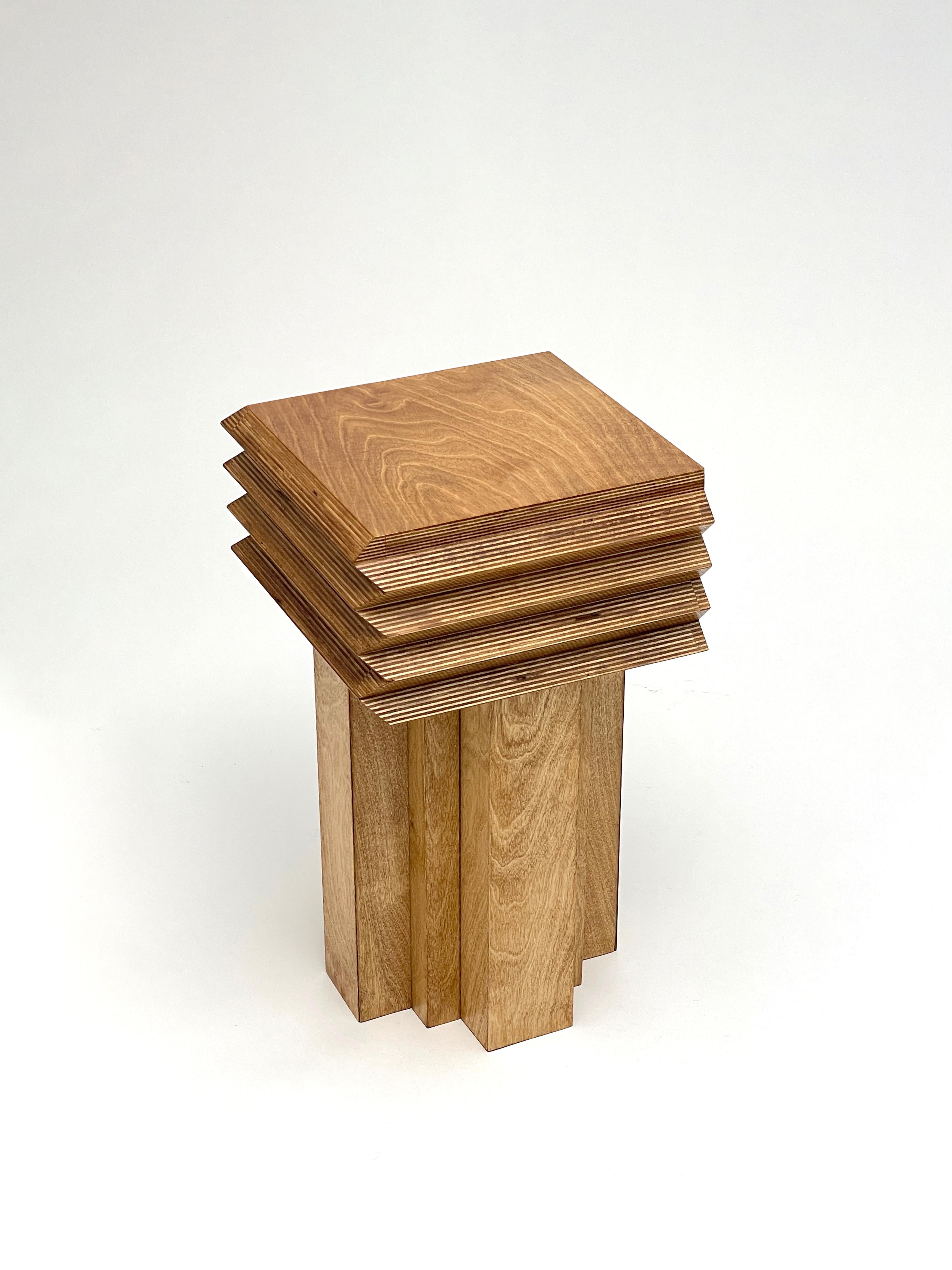 MM stool by Goons
Dimensions: W 30 x D 30 x H 54 cm.
Materials: Wood.
Dimensions can be adjusted +/- 10 cm. 

Goons is located in Paris, France. All of their designs are made out of wood.