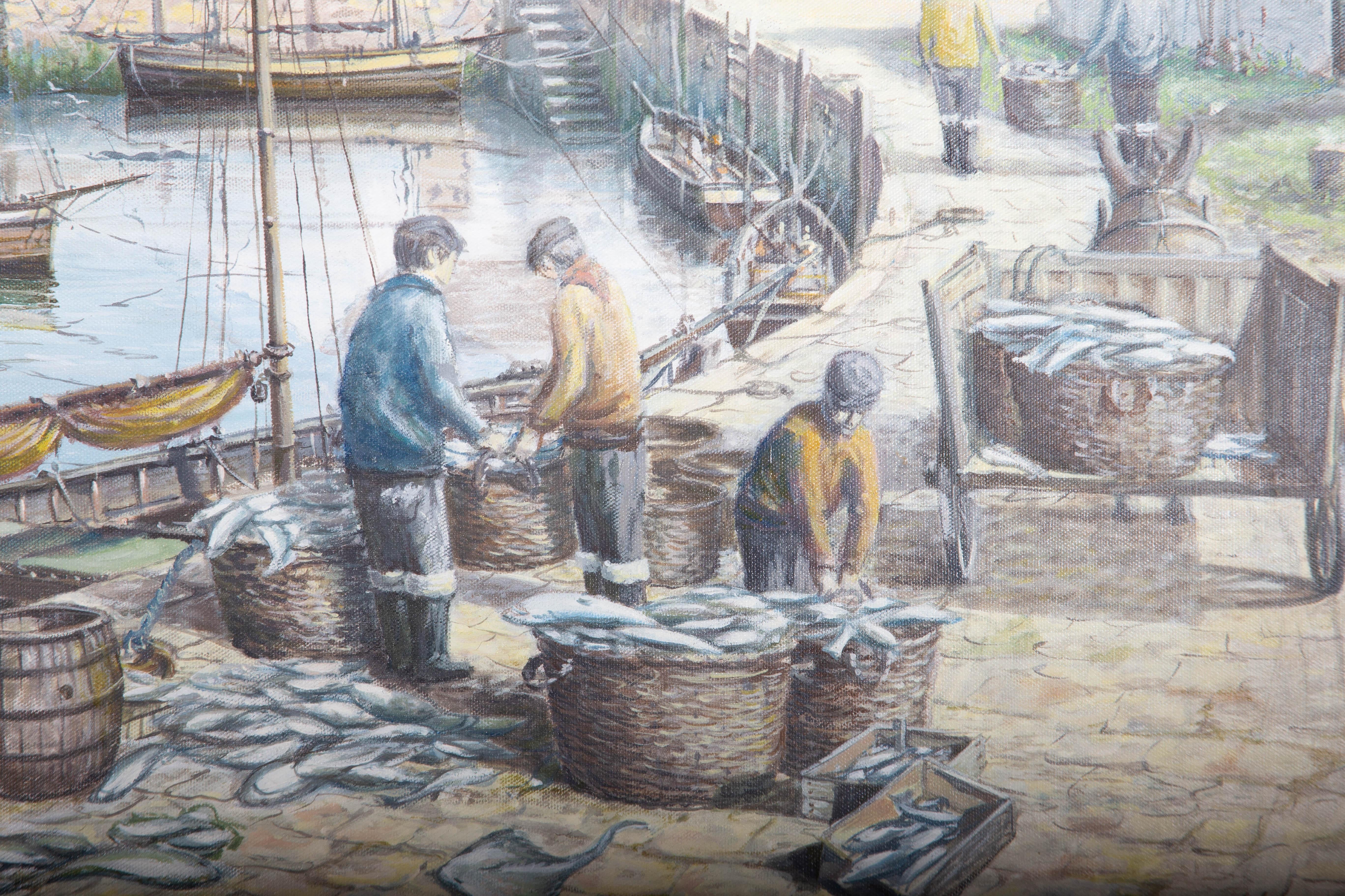 A wonderfully detailed harbour scene, likely depicting a Cornish fishing village. Fishermen sort through their catch in the foreground while seagulls soar overhead. Presented in an ornate gilt-effect wooden frame. Signed to the lower-right edge. On
