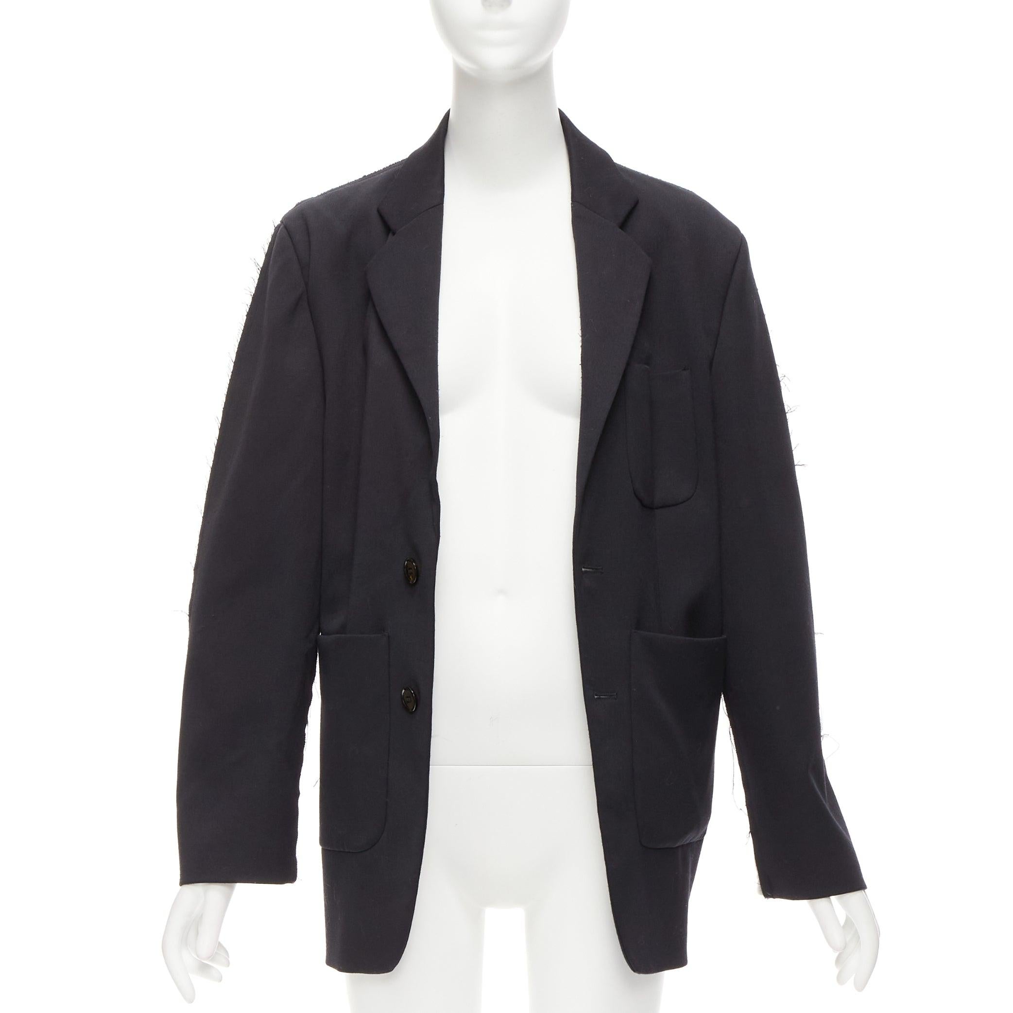 Women's MM6 black grey virgin wool blend contrast back fray edge boxy blazer IT38 XS For Sale