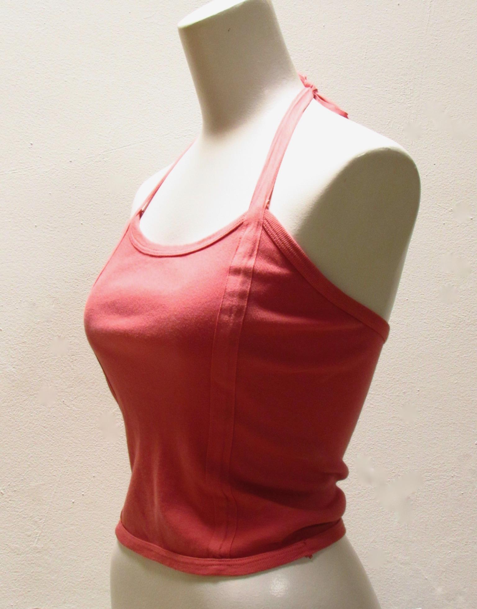 Vintage Maison Martin Margiela halter style top ties behind neck with self-ties that run the length of the front. Soft coral cotton falls to natural waist.