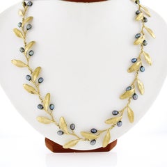 MMA 14K Yellow Gold Baroque Tahitian Pearl Textured Olive Branch Leaf Necklace