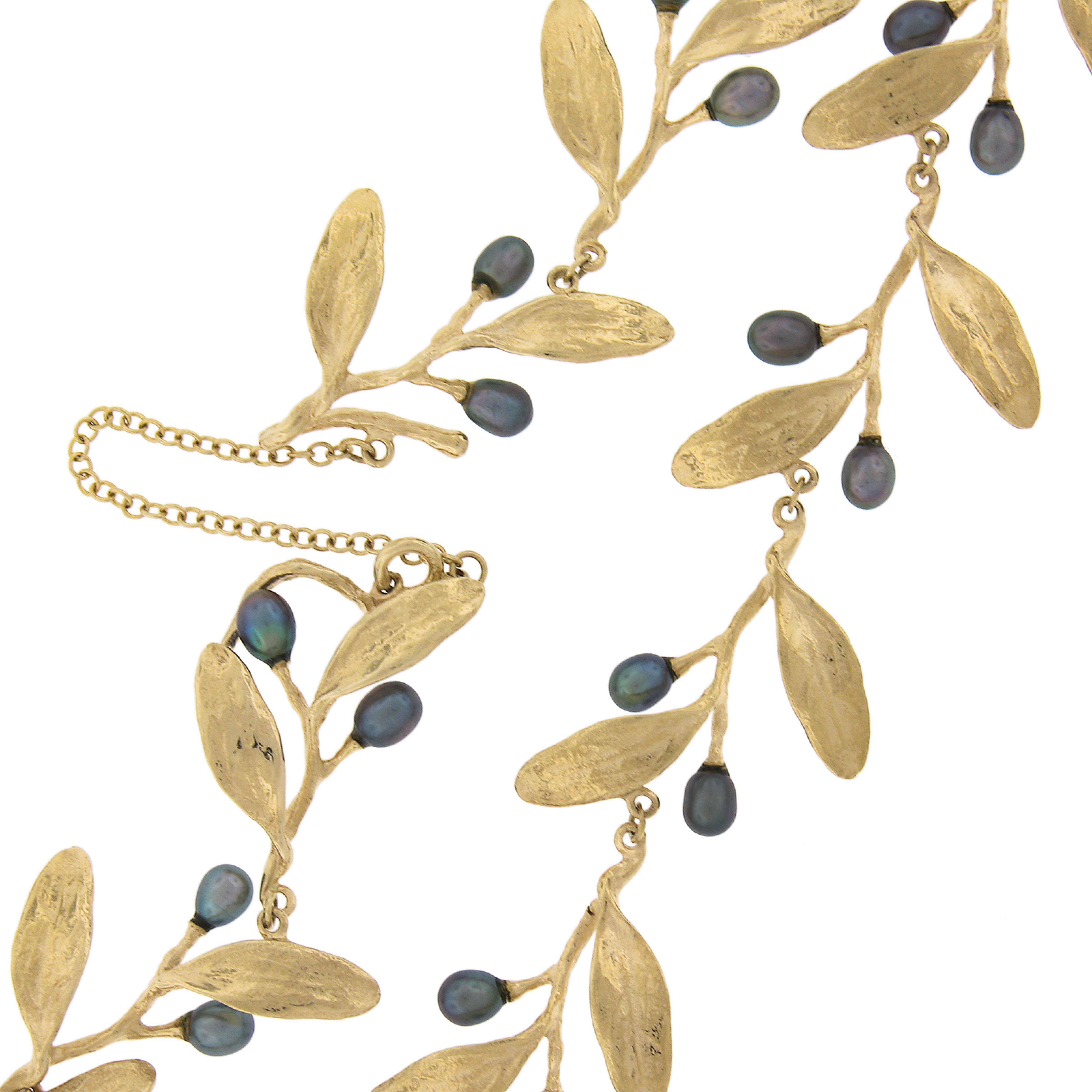 MMA 14K Yellow Gold Baroque Tahitian Pearl Textured Olive Branch Leaf Necklace For Sale 2