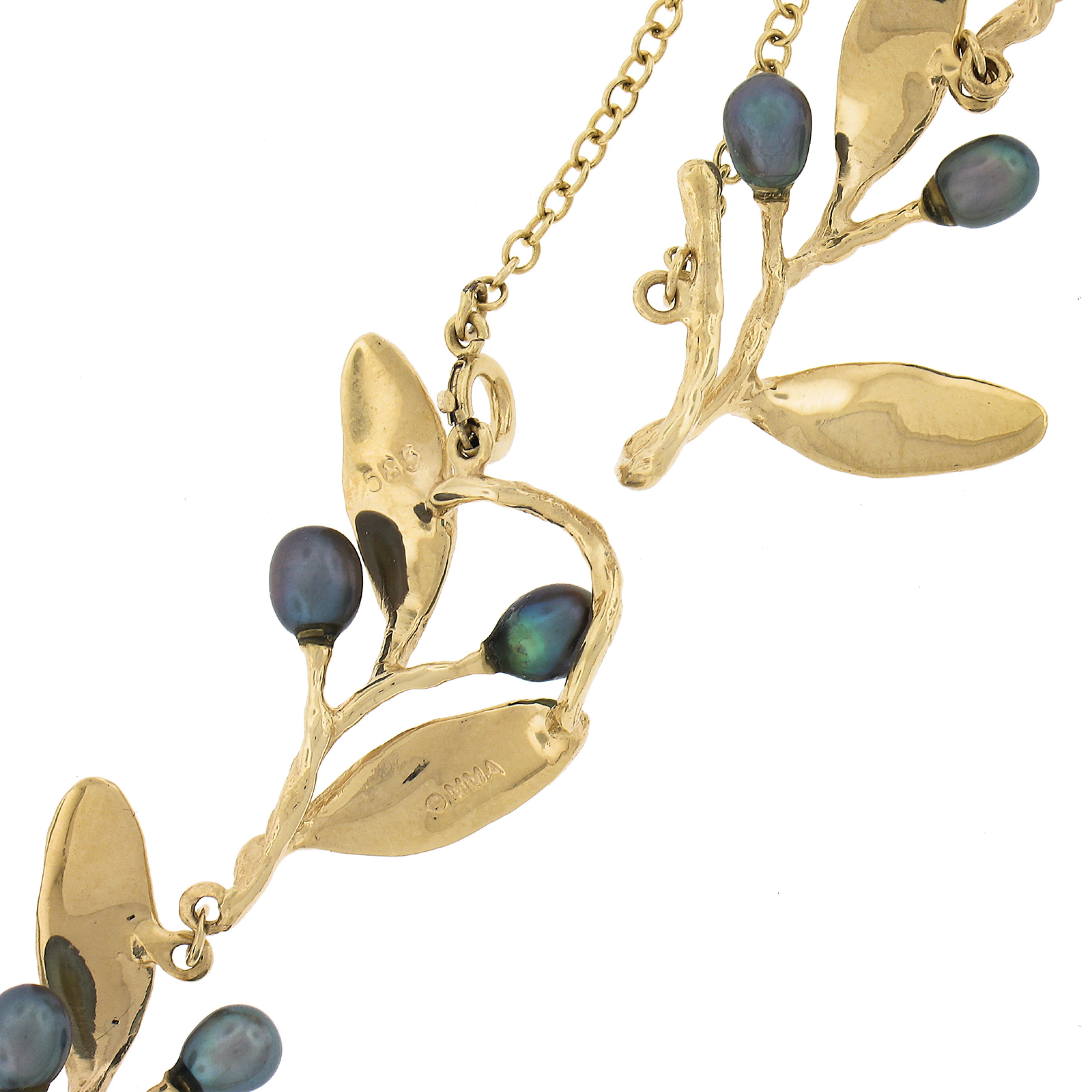 MMA 14K Yellow Gold Baroque Tahitian Pearl Textured Olive Branch Leaf Necklace For Sale 3