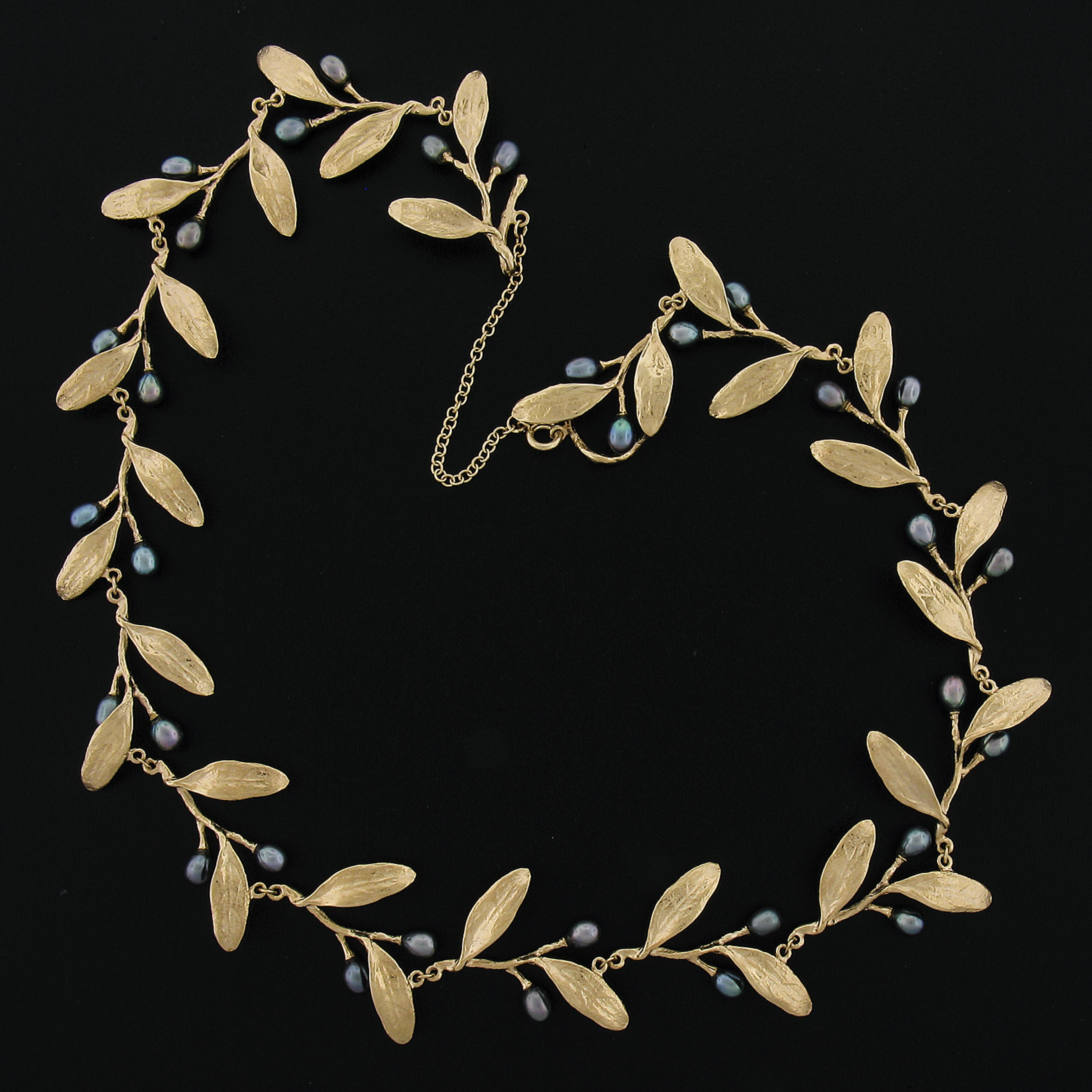 MMA 14K Gelbgold Barock Tahiti Perle Texturierte Olive Branch Blatt Halskette im Angebot 4