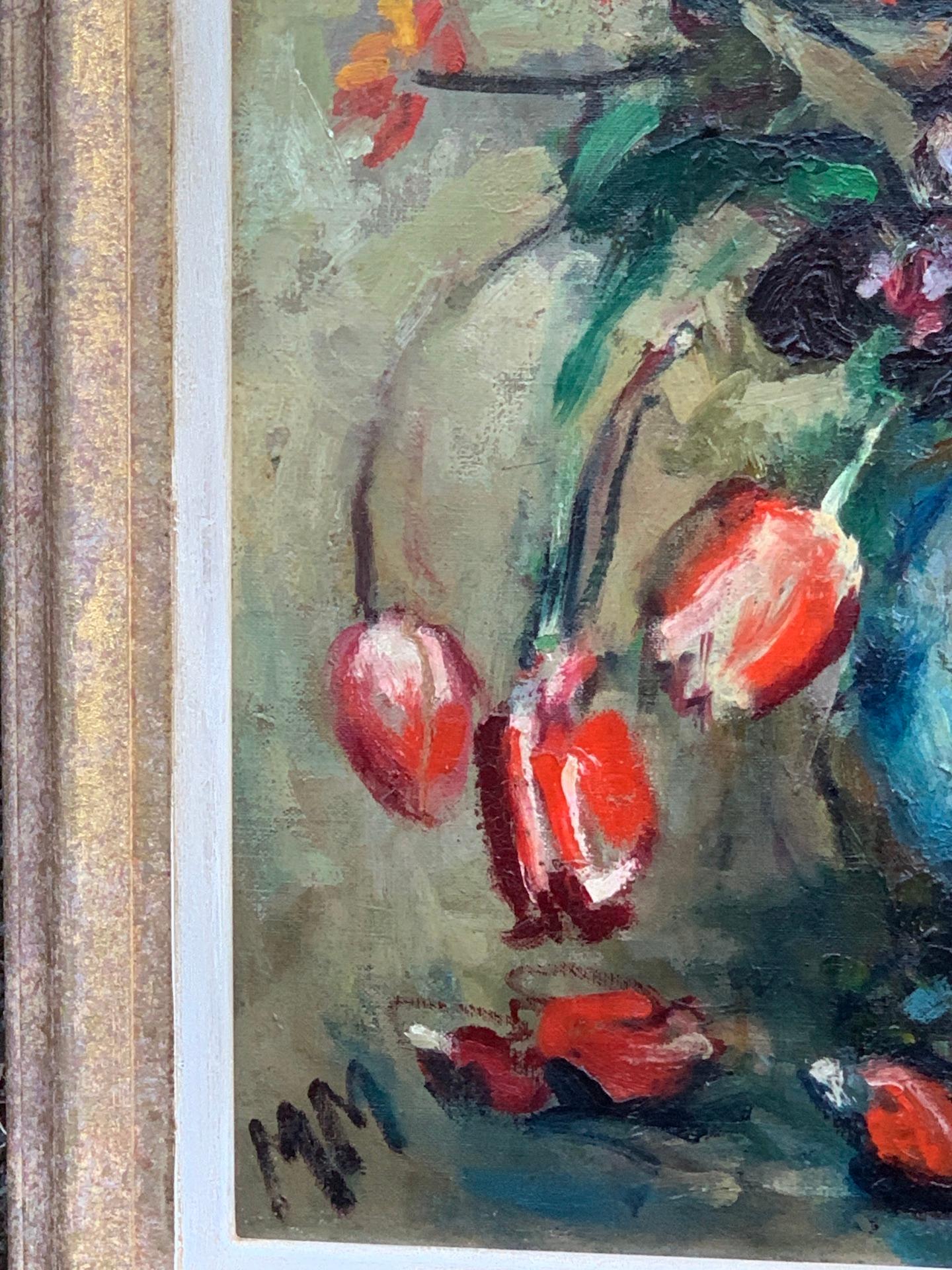 1930's English still life of Tulips and other red flowers in a vase  - Impressionist Painting by M.Mathers