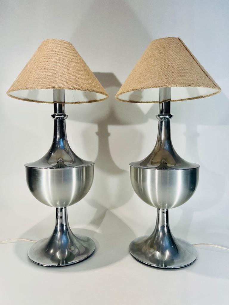 Incredible Mme Journel brazilian chrome 1950 metal pair of table lamps.