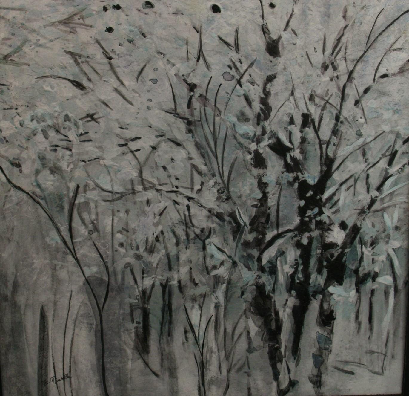 Japanischer Schwarz-Weiß-Weiß-Wälder  Abstrakt  Landschaft – Painting von M.Mirabella