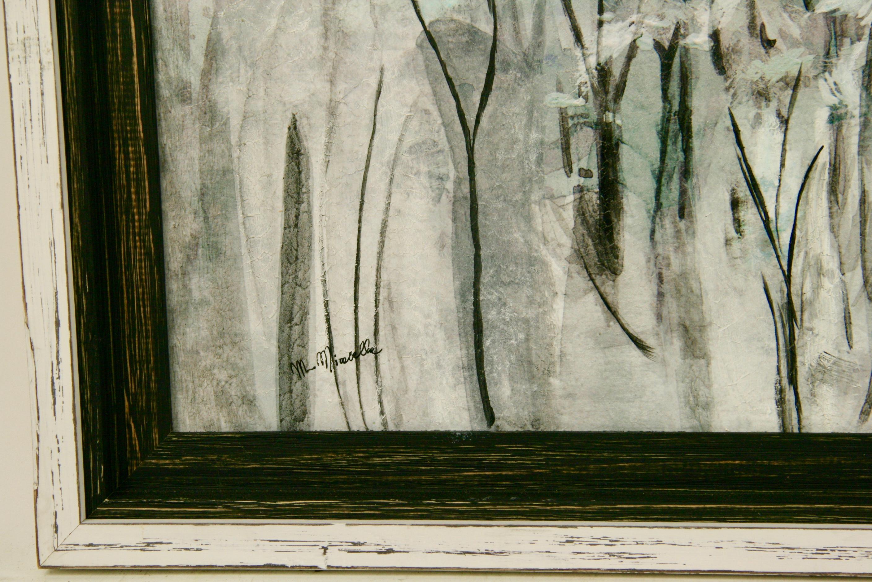 #5-3062a Black & White Forest, zeitgenössisches Acryl auf Holzplatte in einem schwarz-weißen Holzrahmen, links unten signiert von M. Mirabella, Bildgröße 19,5 H x 19,5 B