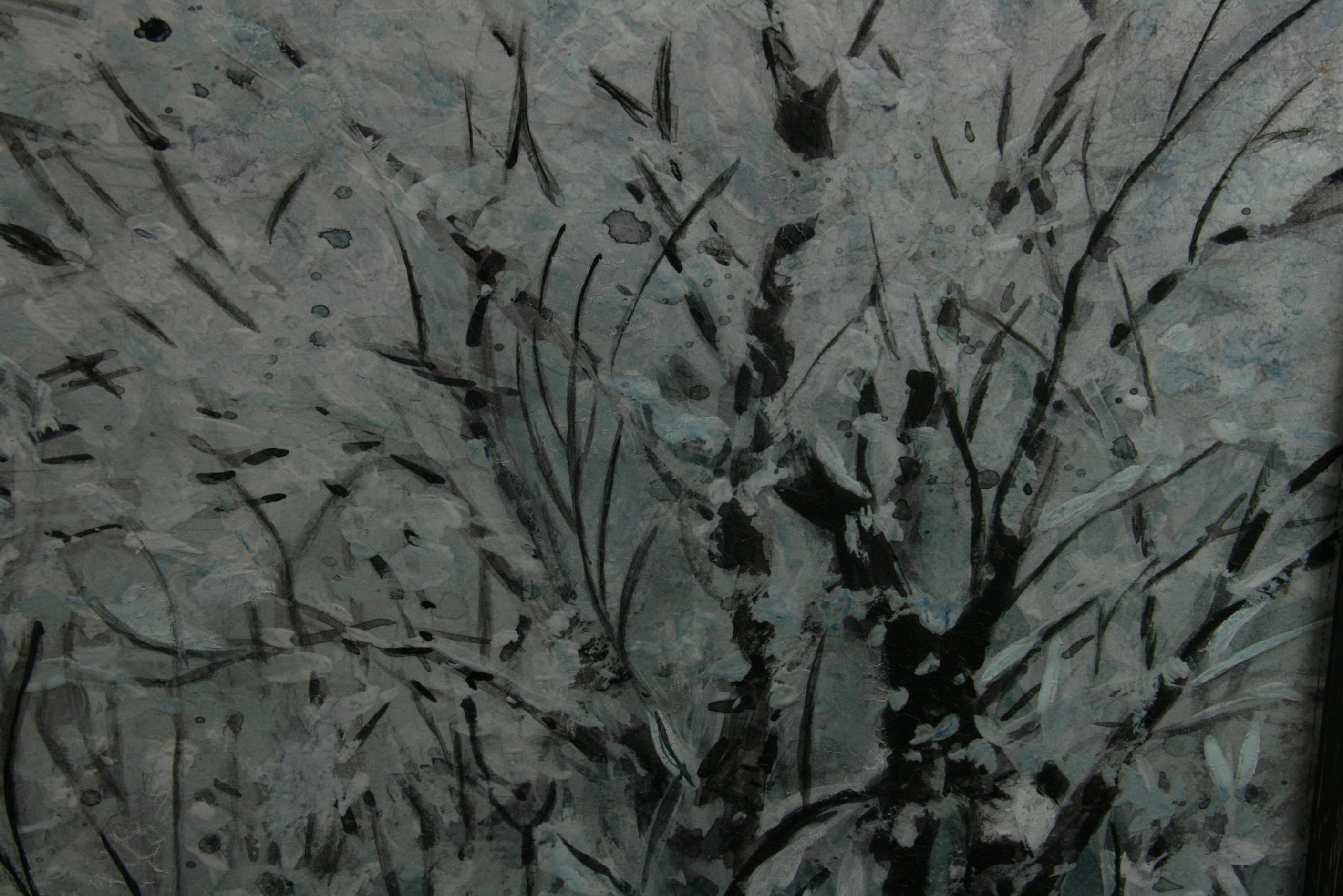 #5-3062a Black & White Forest, olio contemporaneo su tavola di legno esposto in una cornice di legno bianca e nera, firmato in basso a sinistra da M. Mirabella .Dimensioni dell'immagine 19,5 H. x 19,5 L.