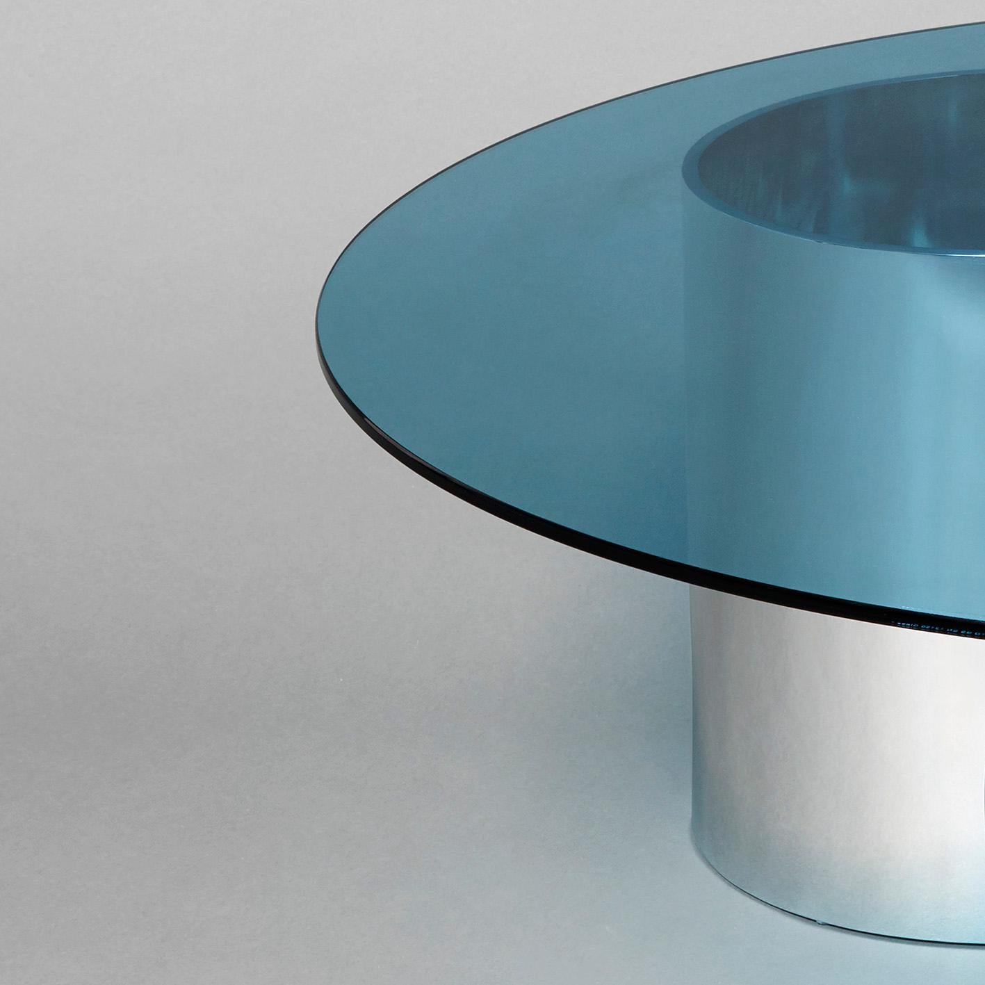 English 'MMPM' Polished Tubular Metal and Tinted Glass Coffee Table For Sale