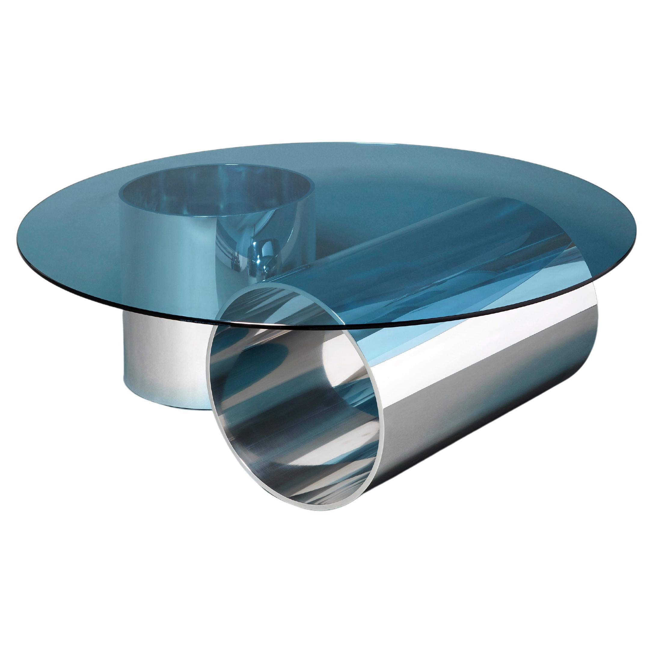 Couchtisch „MMPM“ aus poliertem Metallrohr und getöntem Glas