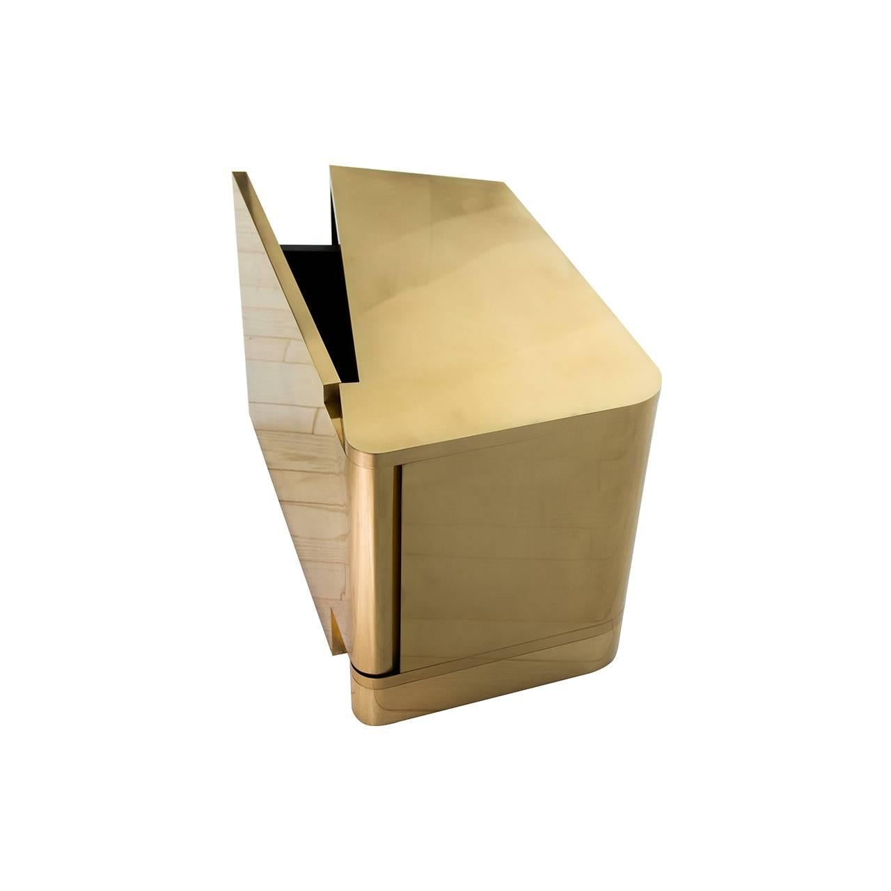 Sleek, modern and versatile. The MMXVI BC series shown in polished brass can also be fabricated with a variety of hand finished brass options including hand brushed, burnished, patinated and silvered brass. The nightstands function well as a set or