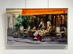 ''Catching Up'' Contemporary Oil Painting of Two Women on a Terrace in Autumn