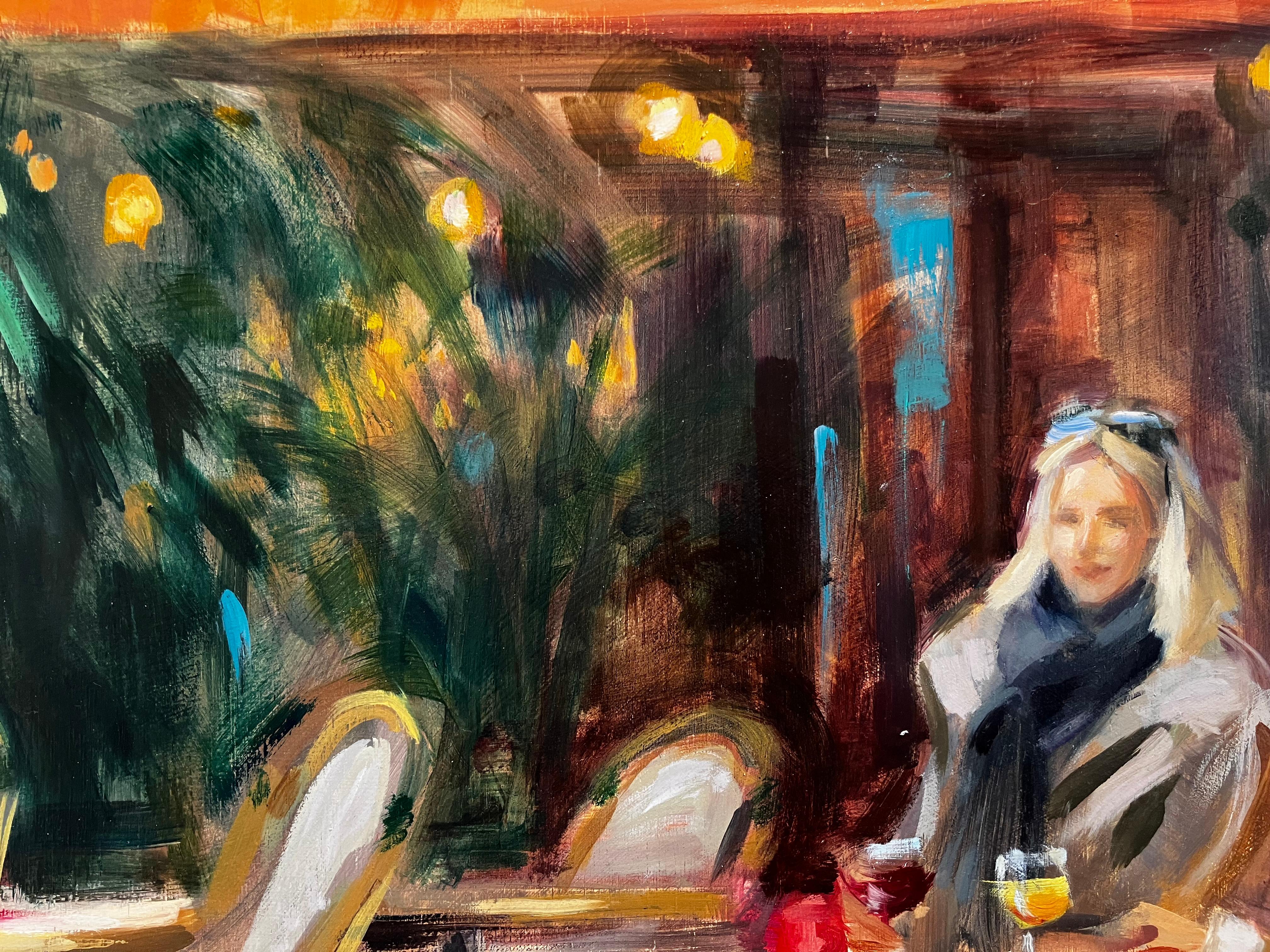 Catching Up'' Zeitgenössisches Ölgemälde von zwei Frauen auf einer Herbstterrasse im Angebot 2