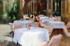 ''Flowers and Cotton'' Contemporary Oil Painting of a Sunny Terrace with Pink