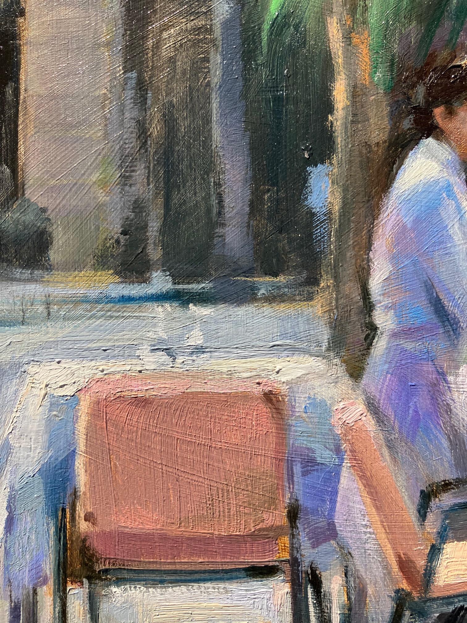 ''Plaça Reial'' Contemporary Oil Painting of a Sunny Terrace with Pink Chairs For Sale 2