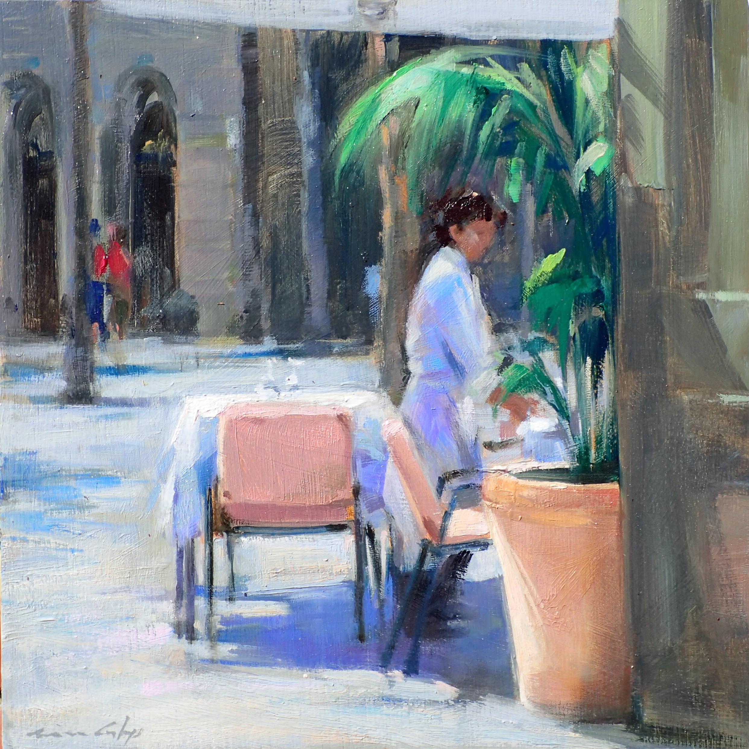 Mònica Castanys Interior Painting - ''Plaça Reial'' Contemporary Oil Painting of a Sunny Terrace with Pink Chairs