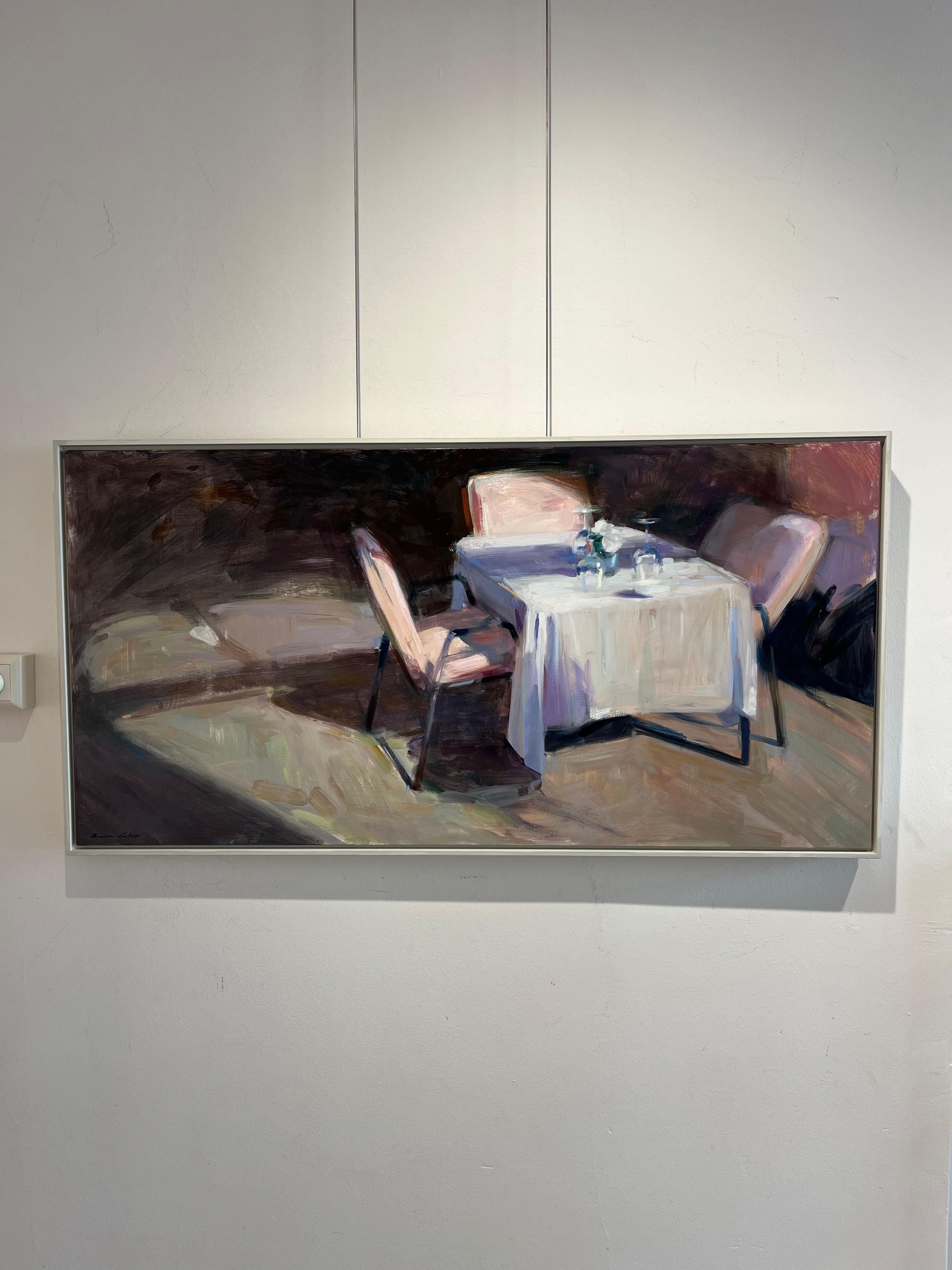 ''Table'' Contemporary Oil Painting of an Empty Sunny Terrace with Pink Chairs - Gray Interior Painting by Mònica Castanys